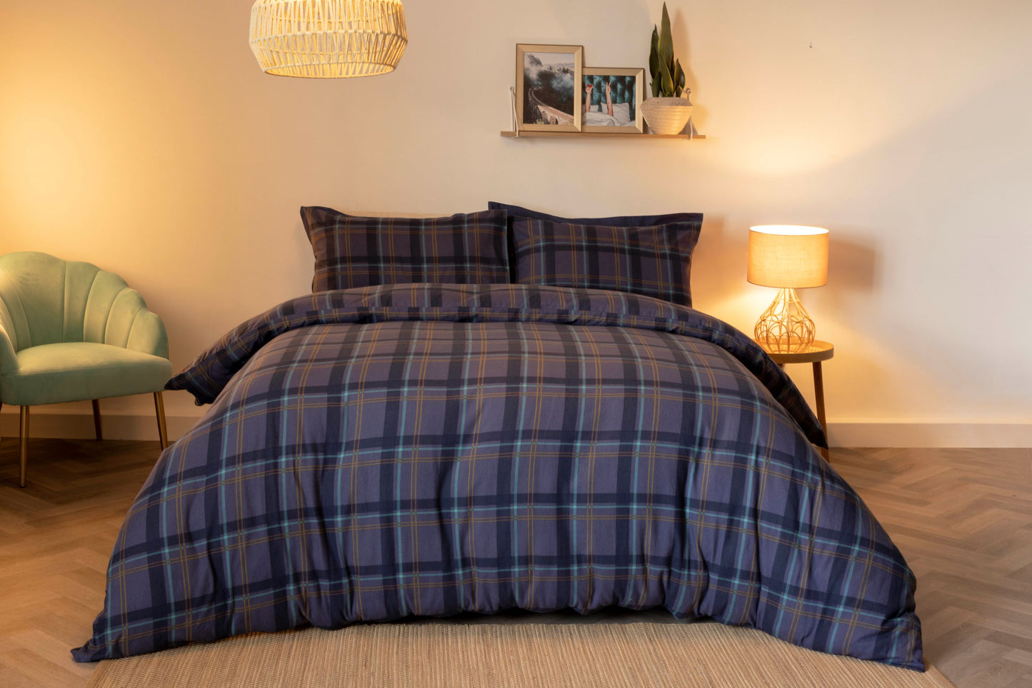 100% Brushed Cotton Check Duvet Set Navy