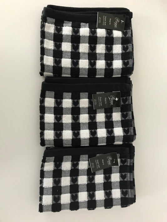Hearts Tea Kitchen Towel Egyptian Black & White