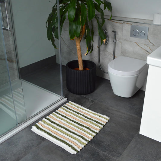 Cotton Towels Stripe Bobble Bath Mats in Greens