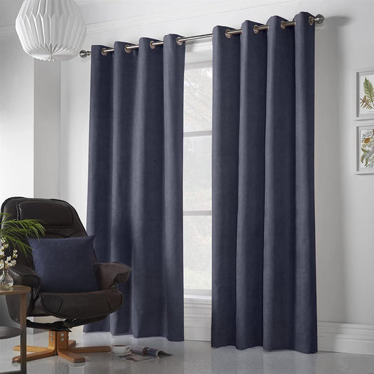 Chenille Velvet Room Darkening Curtains Eyelet in Navy Blue
