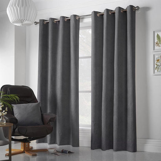 Chenille Velvet Room Darkening Curtains Eyelet in Slate Grey