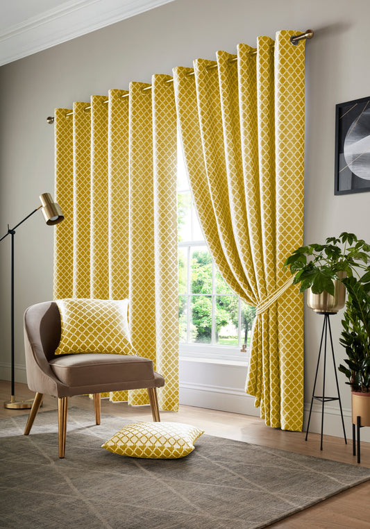 Ochre Yellow Jacquard Eyelet Curtains