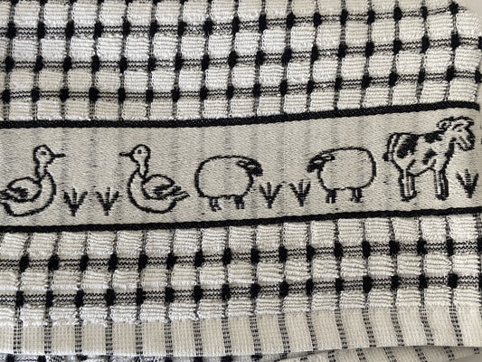 Farmyard Animals Check Tea Kitchen Towel Black & White