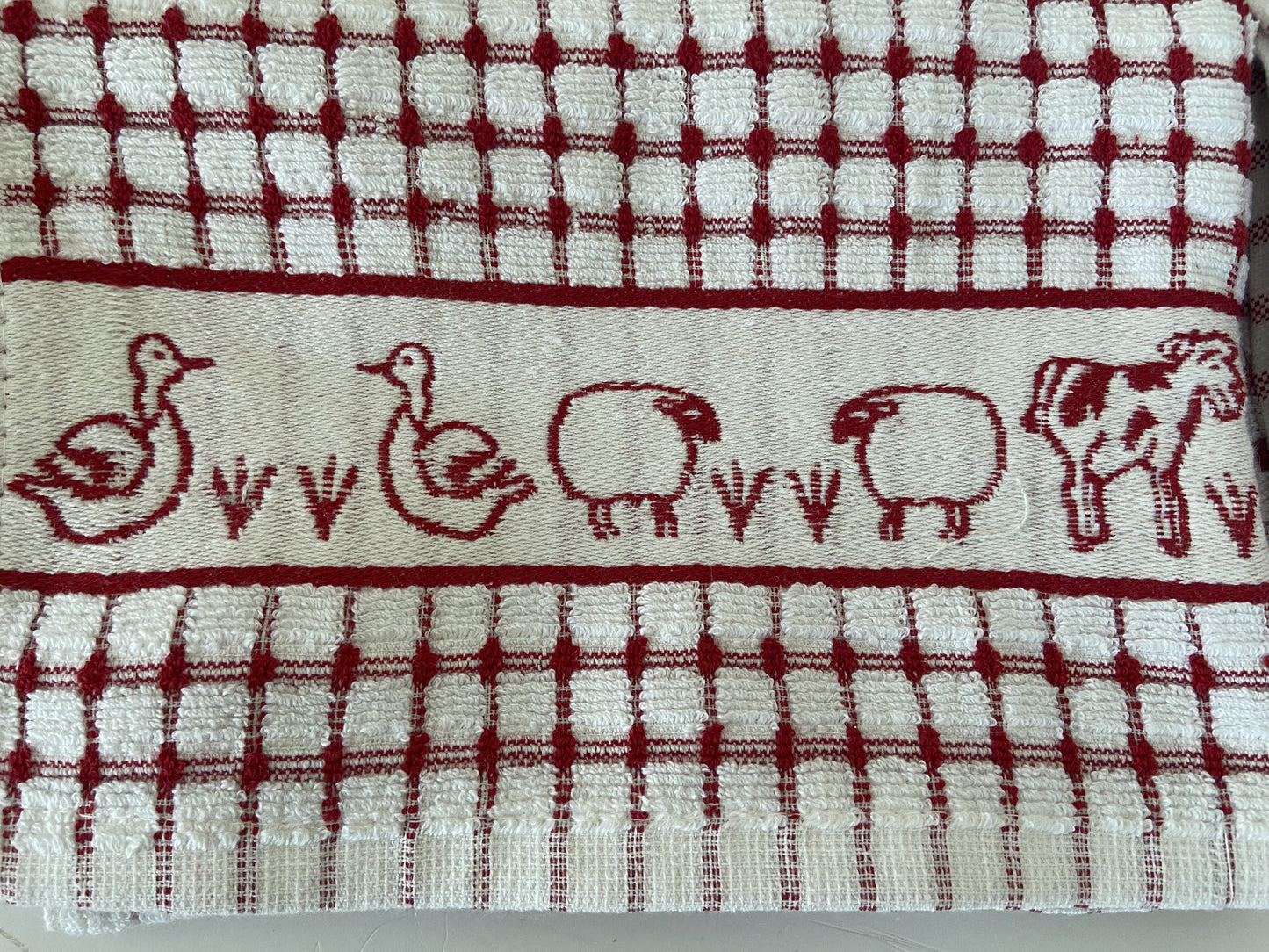 Farmyard Animals Check Tea Kitchen Towel Red & White