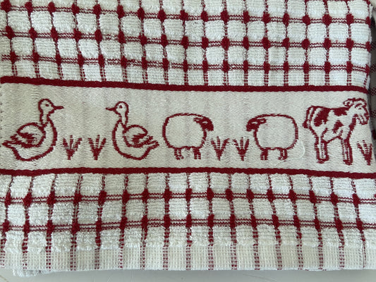 Farmyard Animals Check Tea Kitchen Towel Red & White