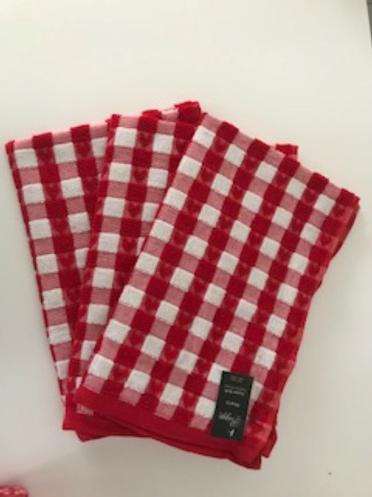 Hearts Tea Kitchen Towel Egyptian Red & White