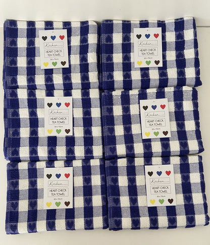 Checked Heart Tea Kitchen Towel Blue & White