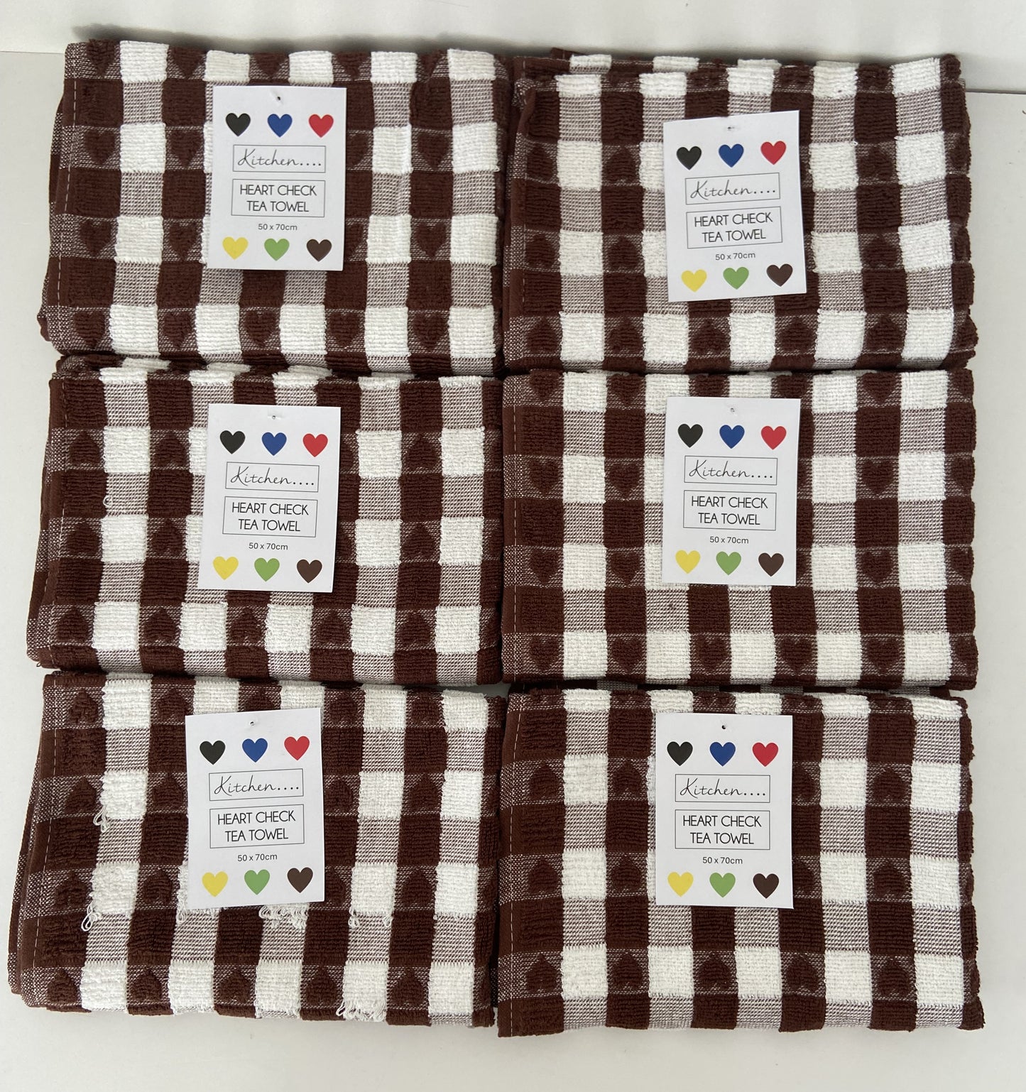 Checked Heart Tea Kitchen Towel Brown & White