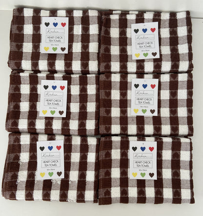 Checked Heart Tea Kitchen Towel Brown & White