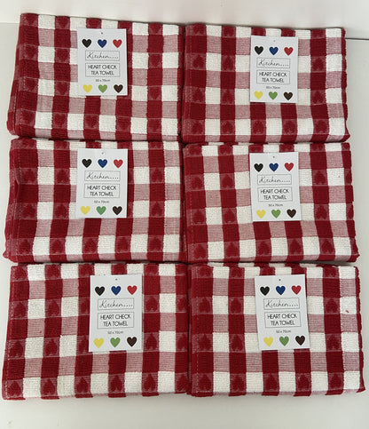 Checked Heart Tea Kitchen Towel Red & White