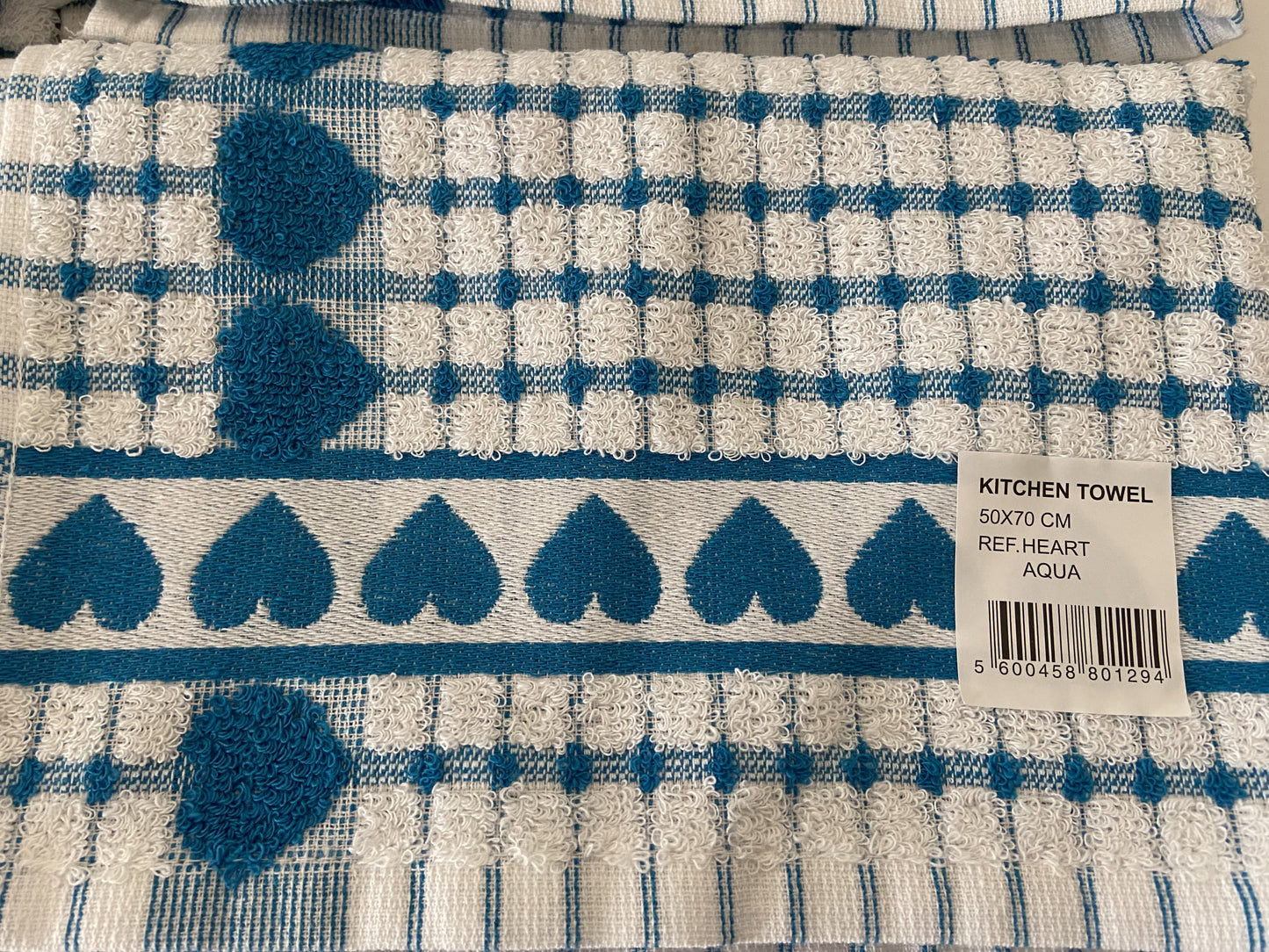 Big Heart Tea Kitchen Towel Aqua & White