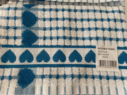 Big Heart Tea Kitchen Towel Aqua & White