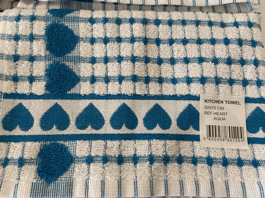 Big Heart Tea Kitchen Towel Aqua & White