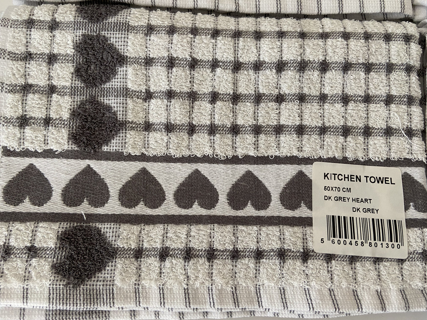 Big Heart Tea Kitchen Towel Dark Grey & White