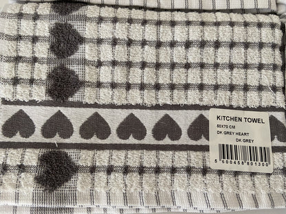 Big Heart Tea Kitchen Towel Dark Grey & White