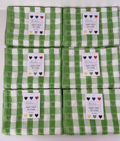 Checked Heart Tea Kitchen Towel Green & White