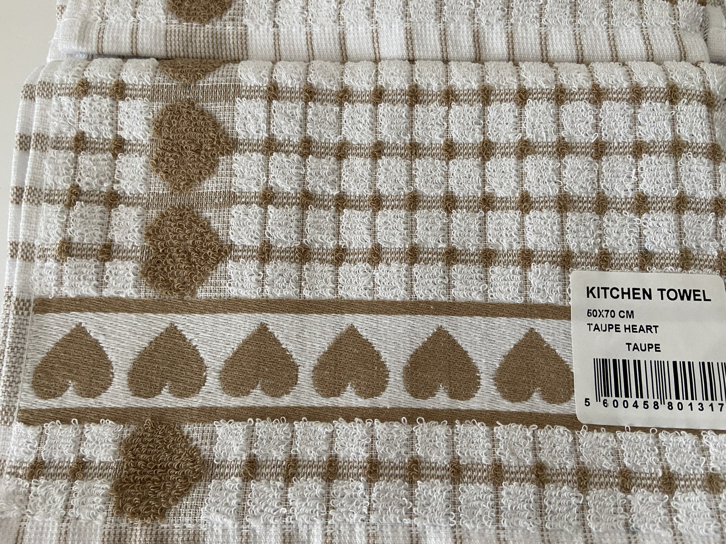 Big Heart Tea Kitchen Towel Taupe & White