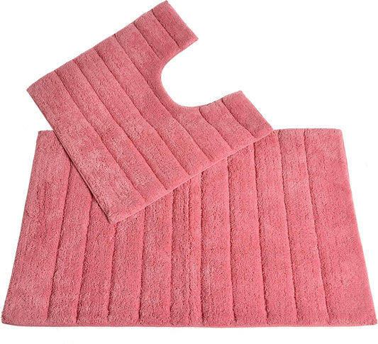 100% Cotton Two Piece Linear Rib Bath and Pedestal Mat in Rose Pink