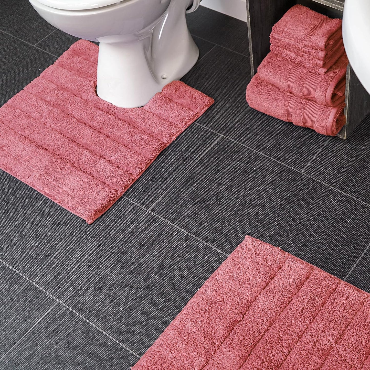 100% Cotton Two Piece Linear Rib Bath and Pedestal Mat in Rose Pink