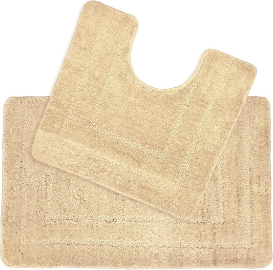 2 Piece Microfibre Border Design Bath & Pedestal Mat Set in Beige