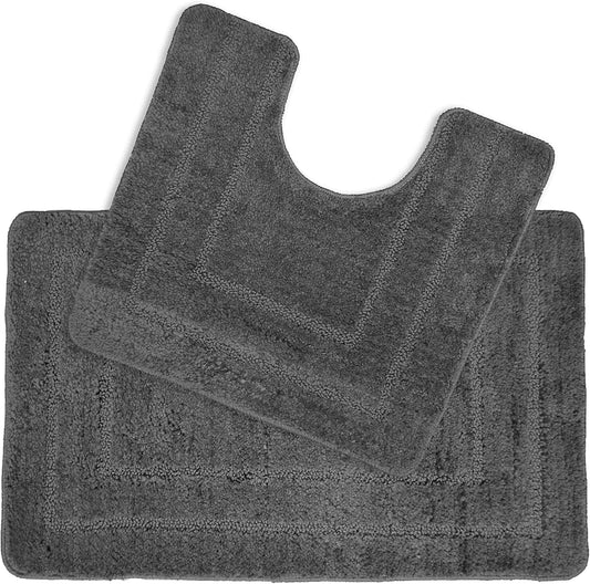 2 Piece Microfibre Border Design Bath & Pedestal Mat Set in Charcoal Grey