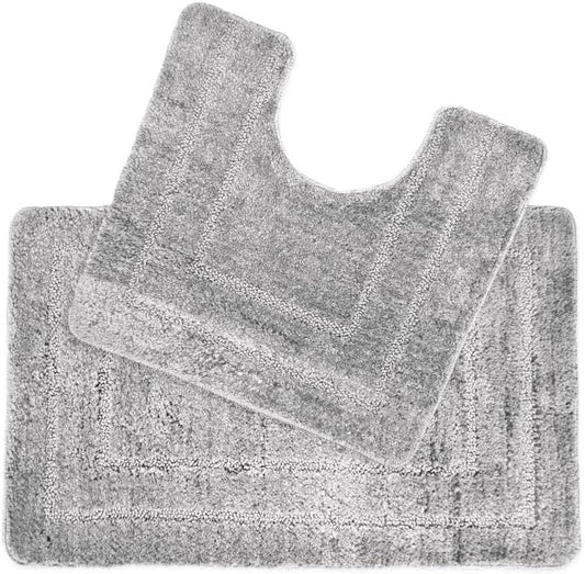 2 Piece Microfibre Border Design Bath & Pedestal Mat Set in Silver Grey
