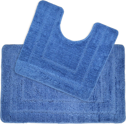 2 Piece Microfibre Border Design Bath & Pedestal Mat Set in Blue