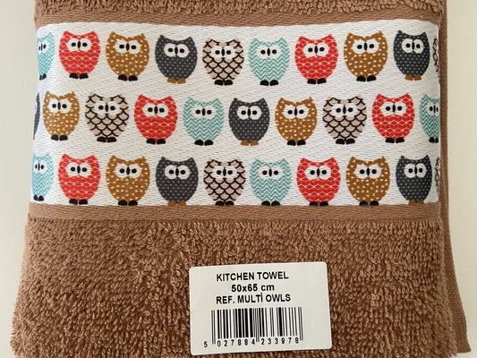 Colourful Owls Tea Kitchen Towel Mocha Mousse