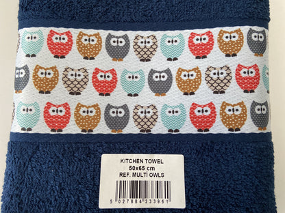 Colourful Owls Tea Kitchen Towel Navy Blue