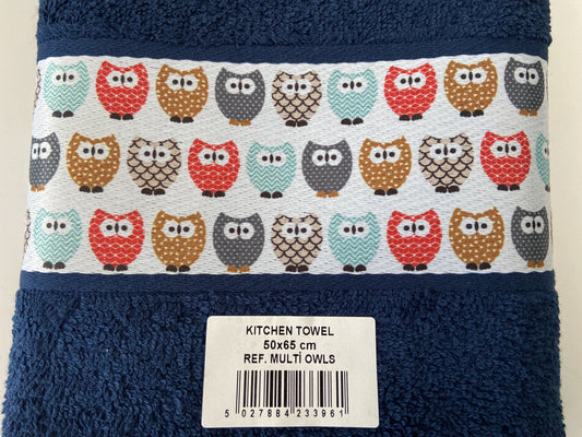 Colourful Owls Tea Kitchen Towel Navy Blue
