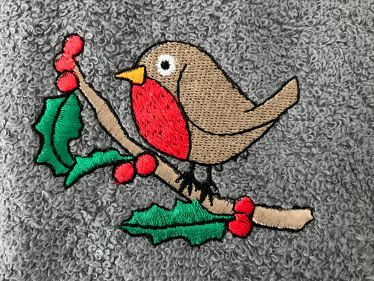 Christmas Robin Kitchen Towel in Grey