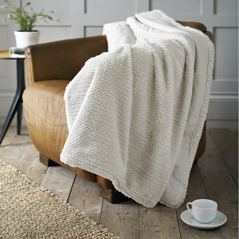 Supersoft Faux Fur Knit Style Throw Blanket in Biscuit
