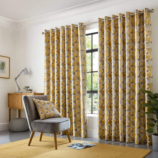 Lined Geometric Design Eyelet Curtains Ochre Yellow & Grey