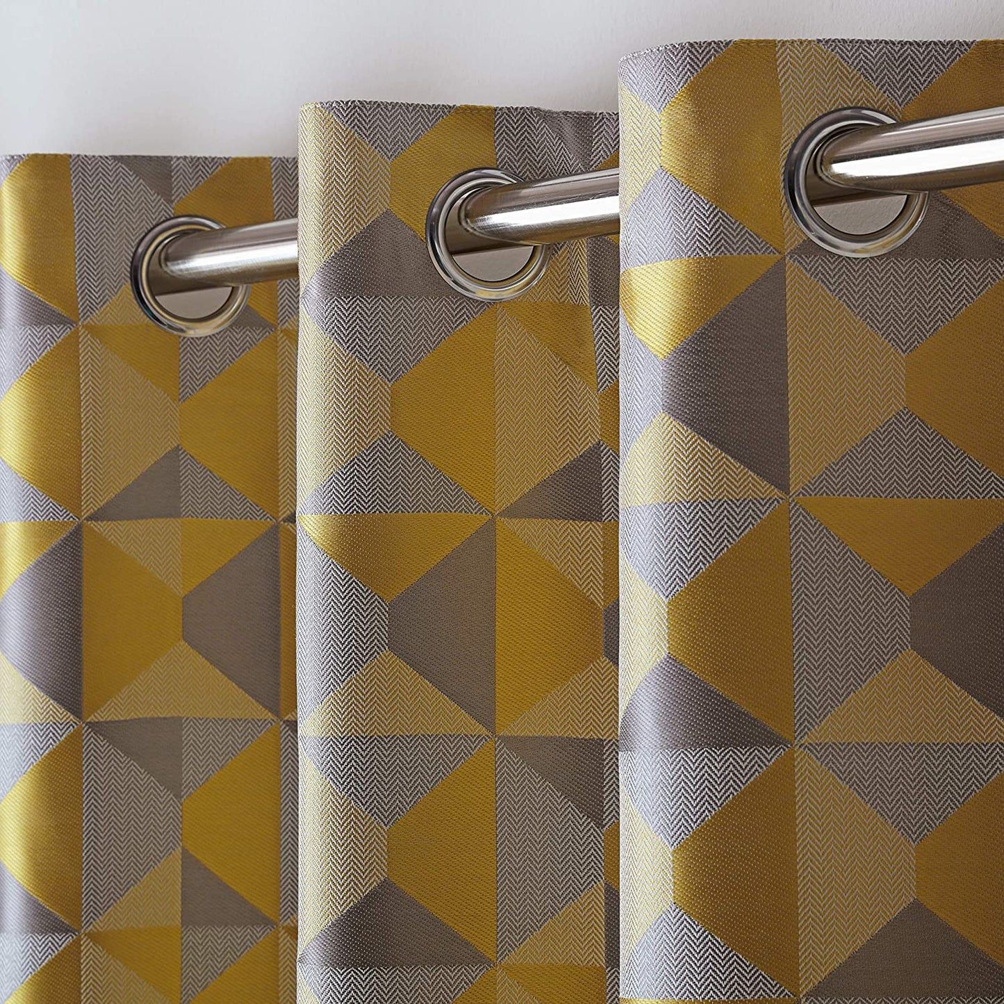 Lined Geometric Design Eyelet Curtains Ochre Yellow & Grey