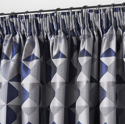 Lined Geometric Design Pencil Pleat Curtains Navy & Grey