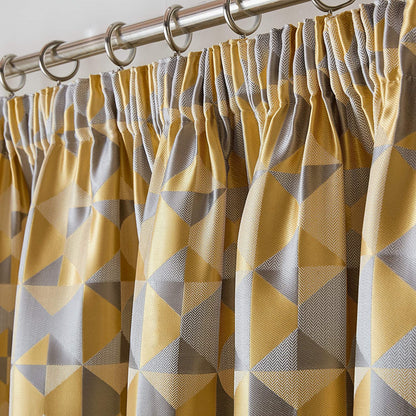 Lined Geometric Design Pencil Pleat Curtains Ochre Yellow & Grey