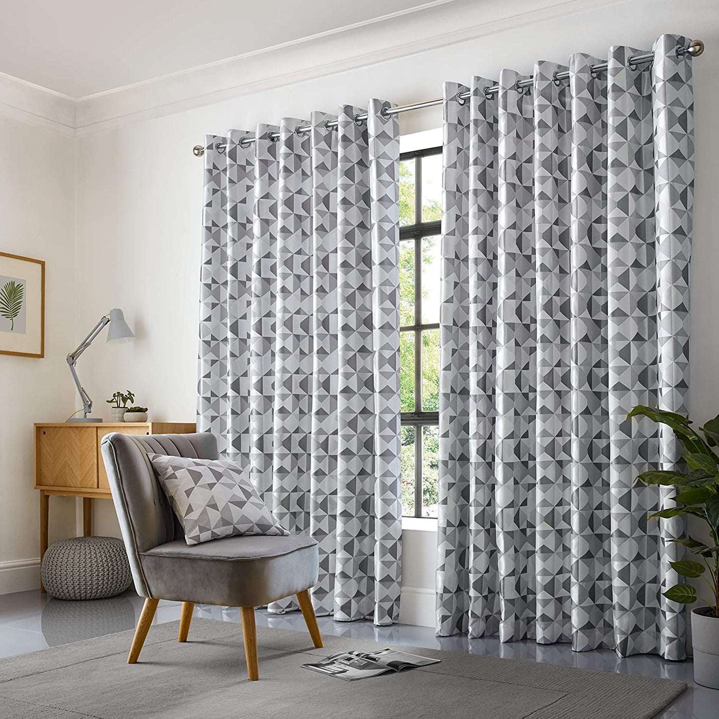 Lined Geometric Design Eyelet Curtains Grey