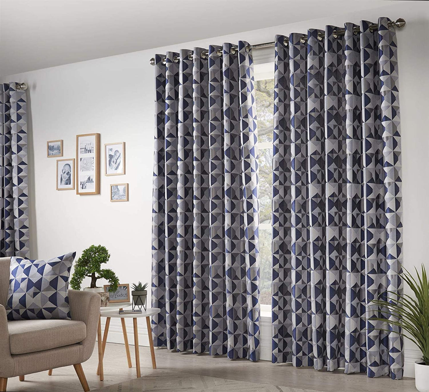 Lined Geometric Design Eyelet Curtains Navy Blue & Grey