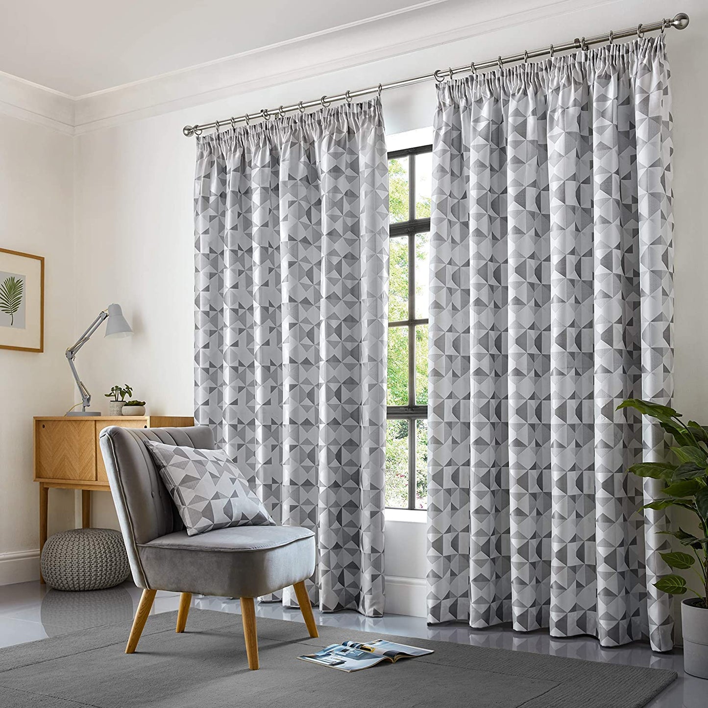Lined Geometric Design Pencil Pleat Curtains Grey