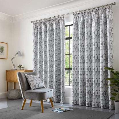 Lined Geometric Design Pencil Pleat Curtains Grey
