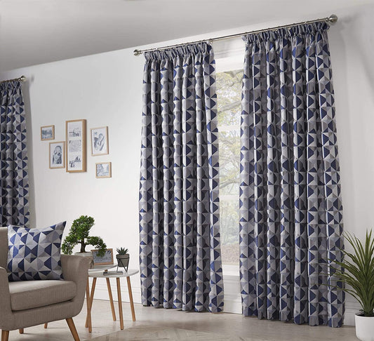Lined Geometric Design Pencil Pleat Curtains Navy & Grey
