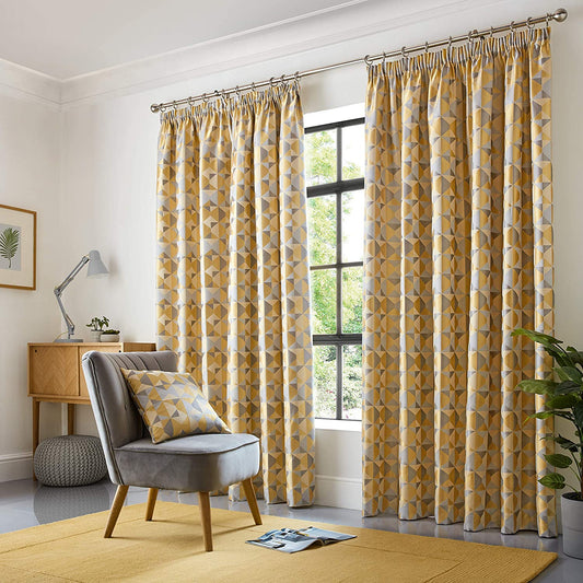 Lined Geometric Design Pencil Pleat Curtains Ochre Yellow & Grey