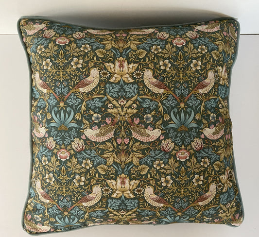 Strawberry Thief Cushion in Duck Egg Blue With Velvet Reverse