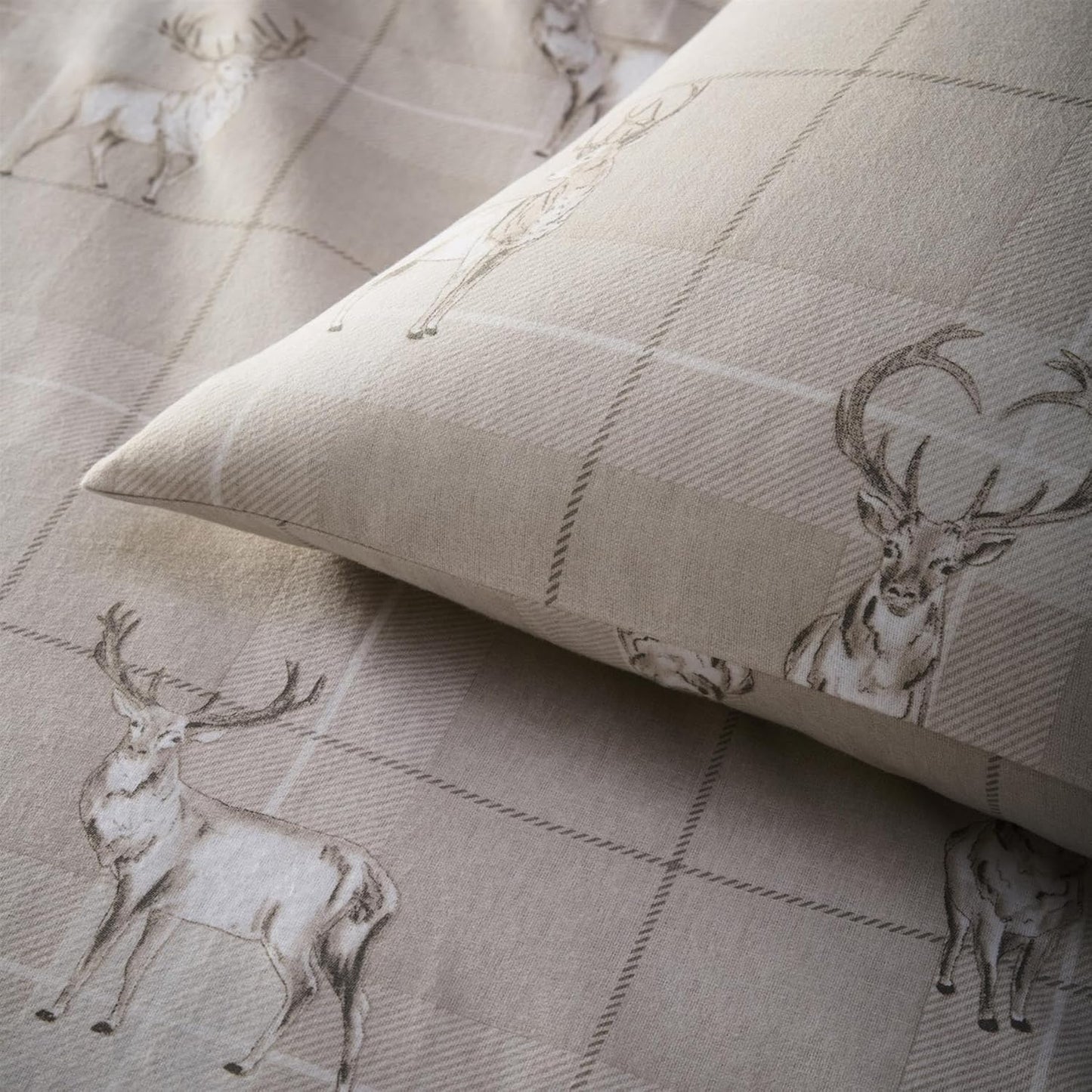Brushed Cotton Checked Stag Duvet Set Natural