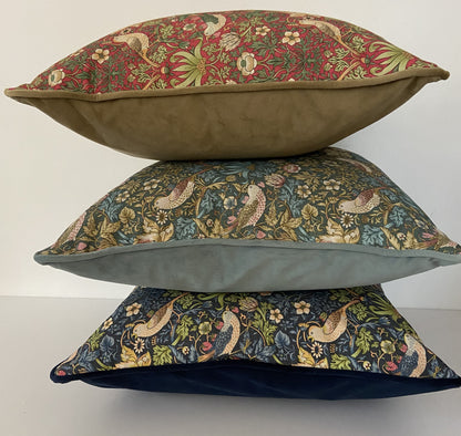 Strawberry Thief Cushion in Duck Egg Blue With Velvet Reverse