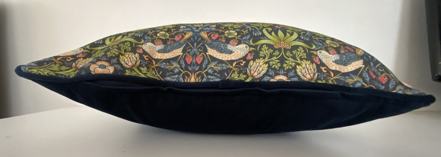 Strawberry Thief Cushion in Navy Blue With Velvet Reverse