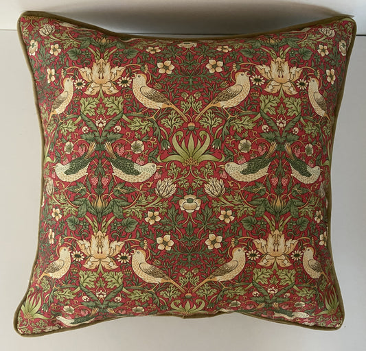 Strawberry Thief Cushion in Crimson With Velvet Reverse