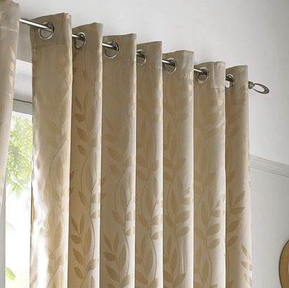 Woven Jacquard Leaf Design Eyelet Curtains in Latte