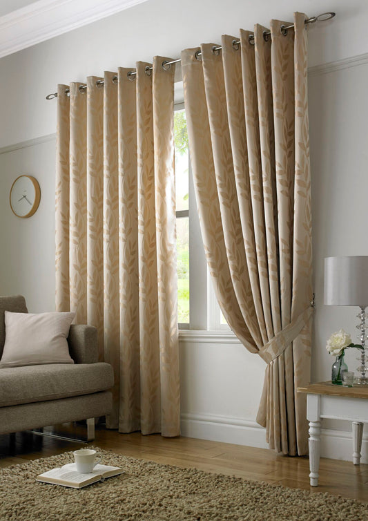 Woven Jacquard Leaf Design Eyelet Curtains in Latte