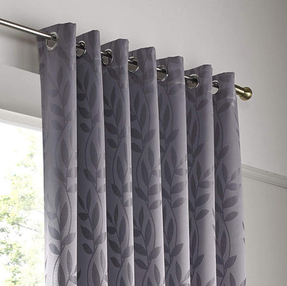 Woven Jacquard Leaf Design Eyelet Curtains in Silver Grey